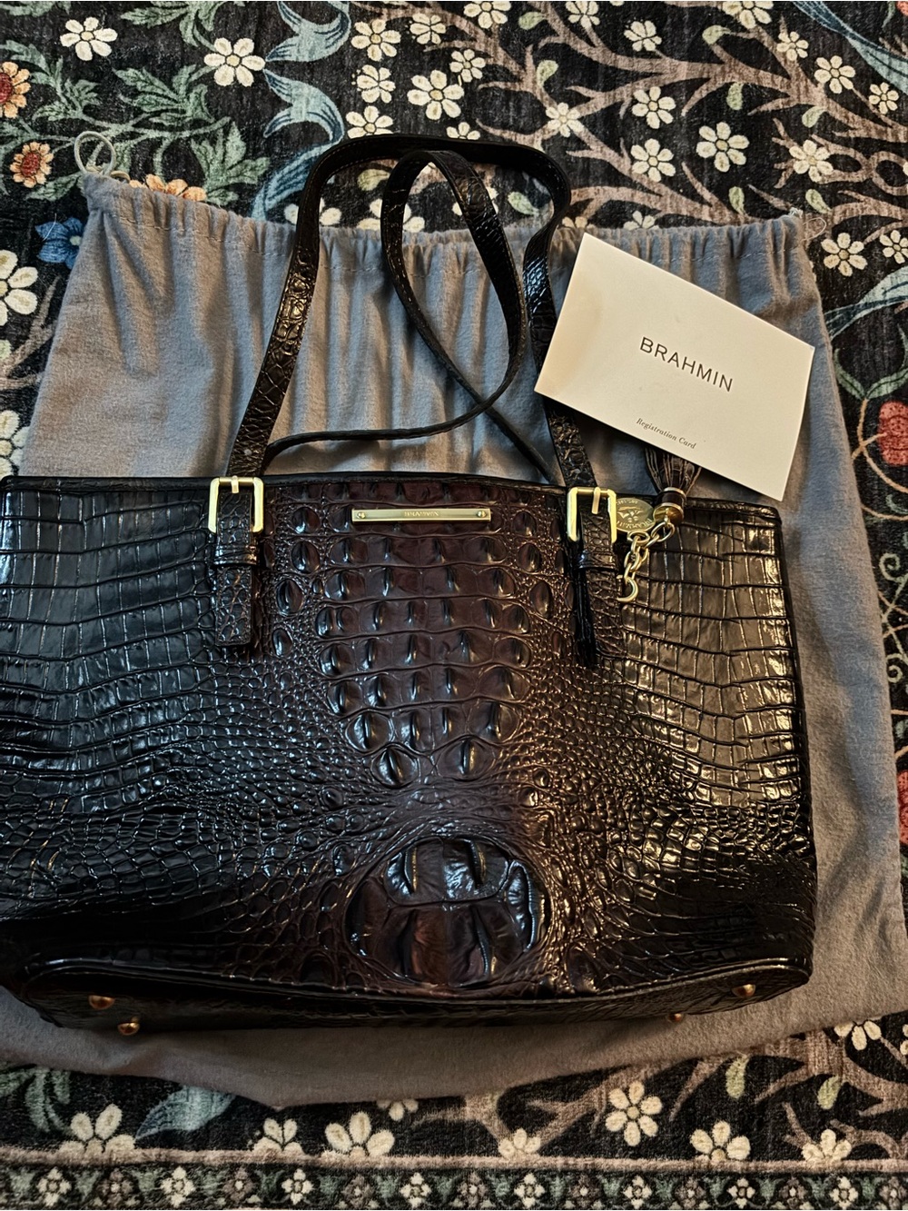 Brahmin Dark Brown Croc-Embossed Shoulder Tote with Gold Hardware